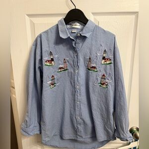 Embroidered Lighthouse Chambray Shirt Coastal Cottagecore Vibes women’s Large